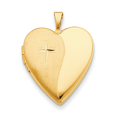 14K Gold 20mm Polished Satin w/ Cross Heart Locket