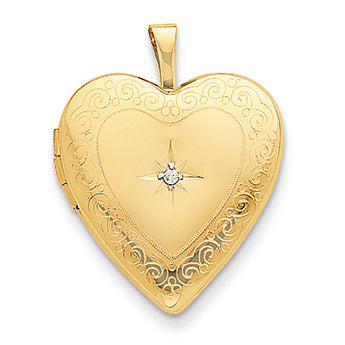 14K Gold 20mm Side Swirls w/ Diamond Heart Locket