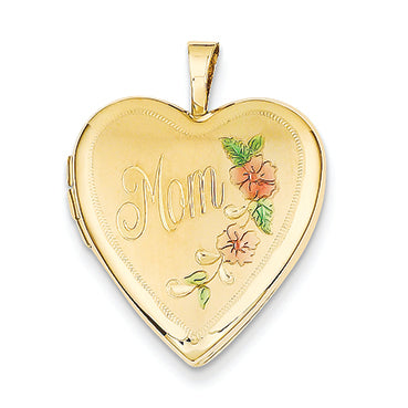 14K Gold 20mm Enamel Flowers Mom Heart Locket
