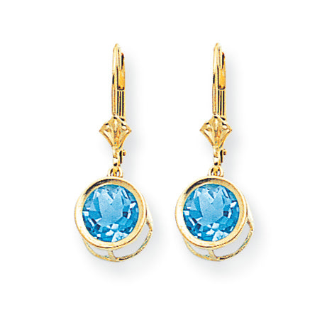 5.3 Carat 14K Gold 8mm Blue Topaz leverback earring