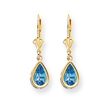 2.3 Carat 14K Gold 8x5mm Pear Blue Topaz leverback earring