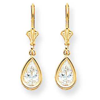14K Gold 8x5mm Pear Cubic Zirconia leverback earring