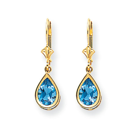 3.4 Carat 14K Gold 9x6mm Pear Blue Topaz leverback earring