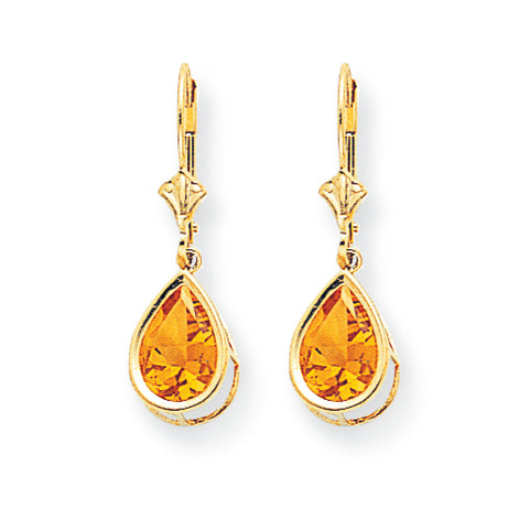 3.7 Carat 14K Gold 10x7mm Pear Citrine leverback earring