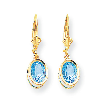 2.8 Carat 14K Gold 8x6mm Oval Blue Topaz leverback earring