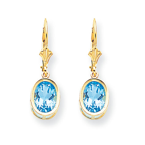 4.8 Carat 14K Gold 9x7mm Oval Blue Topaz leverback earring