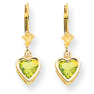 1.7 Carat 14K Gold 6mm Heart Peridot earring