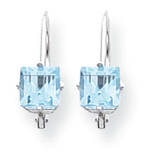 1.5 Carat 14K White Gold 5mm Princess Cut Blue Topaz leverback earring