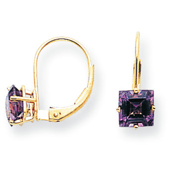 2.1 Carat 14K Gold 6mm Princess Cut Amethyst leverback earring