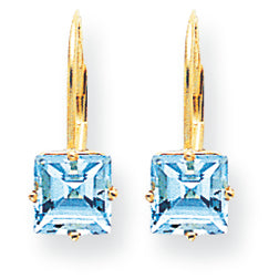 2.7 Carat 14K Gold 6mm Princess Cut Blue Topaz leverback earring