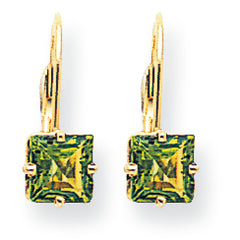 2.4 Carat 14K Gold 6mm Princess Cut Peridot leverback earring