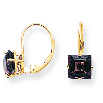 3.3 Carat 14K Gold 7mm Princess Cut Amethyst leverback earring