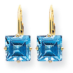 4.2 Carat 14K Gold 7mm Princess Cut Blue Topaz leverback earring