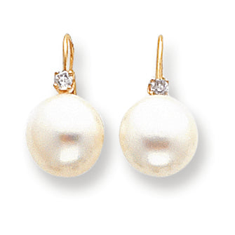 0.1 Carat 14K Gold White Button Cultured Pearl & Diamond Leverback Earrings