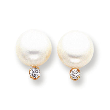 0.2 Carat 14K Gold White Button Cultured Pearl & Diamond Earrings