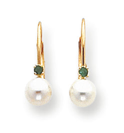 14K Gold 5-5.5mm White Cultured Pearl & Emerald Leverback Earrings