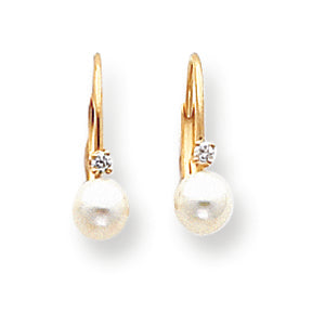 14K Gold 5mm Pearl Diamond Leverback Earring