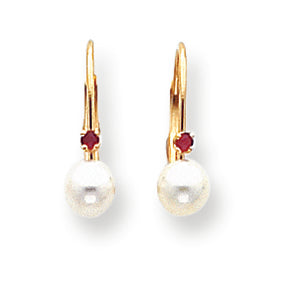 14K Gold 5-5.5mm White Pearl & .02ct. Ruby Leverback Earrings