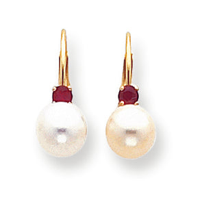 0.2 Carat 14K Gold 6-6.5mm White Pearl & .10ct. Ruby Leverback Earrings