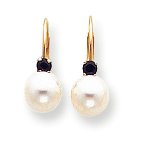 0.2 Carat 14K Gold 6-6.5mm White Pearl & .10ct. Sapphire Leverback Earrings