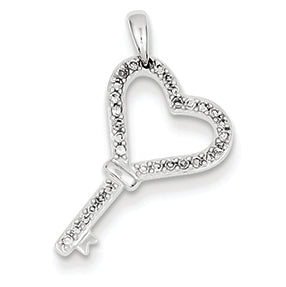 0.1 Carat 14K White Gold Diamond Heart Key Pendant