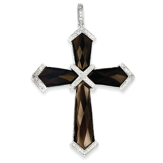 20.9 Carat 14K White Gold Diamond & Smokey Quartz Cross Pendant