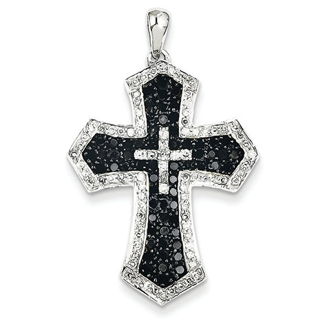 1.1 Carat 14K GoldW Rhodium Black Diamonds & White Diamond Cross Pendant