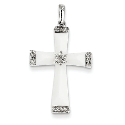 0.1 Carat 14K White Gold White Agate & Diamond Cross Pendant