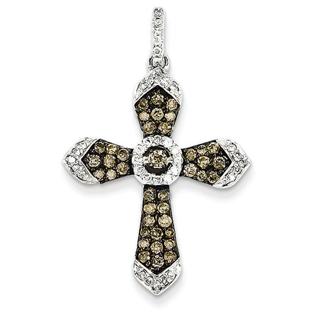 0.8 Carat 14K White Gold/Blk Rhod Champagne/Wh Diamond Cross Pendant