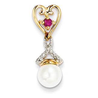 14K Gold Diamond  FW Cultured Pearl Created Ruby Pendant