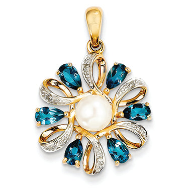 14K Gold Diamond and FW Cultured Pearl/London Blue Topaz Pendant