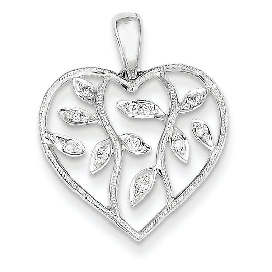 0.1 Carat 14K White Gold Diamond Heart w/ Leaves Pendant