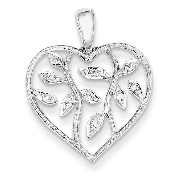 0.1 Carat 14K White Gold Diamond Heart w/ Leaves Pendant