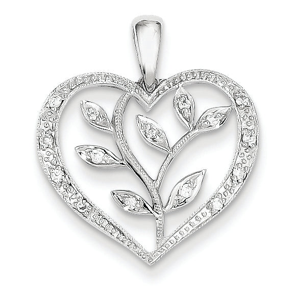 0.1 Carat 14K White Gold Diamond Heart w/ Leaves Pendant