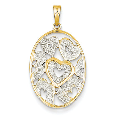 14K Gold Diamond Hearts in Oval Pendant