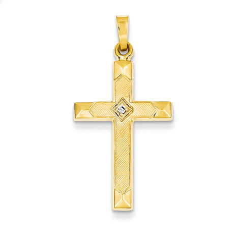 14K Gold Textured and Polished Diamond Cross Pendant