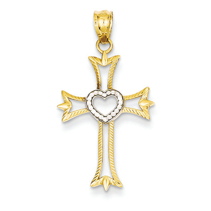 14K Gold Yellow Gold Rhodium Plated Diamond Cut Cross with Heart Pendant