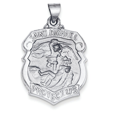 14K White Gold Polished and Satin St. Michael Badge Medal Pendant
