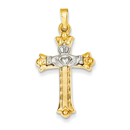 14K Gold Two-tone Claddagh Cross Pendant