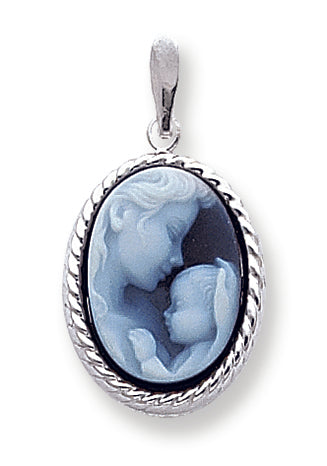 14K White Gold Mother & Baby Agate Cameo with Sentiment Pendant