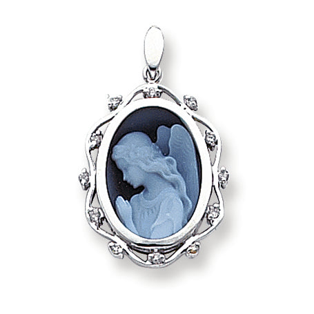 0.1 Carat 14K White Gold Diamond 12x16mm Guardian Angel Agate Cameo Pendant