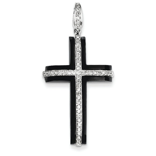 0.3 Carat 14K White Gold Diamond & Onyx Cross Pendant