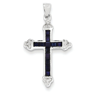 0.7 Carat 14K White Gold Diamond & Sapphire Cross Pendant