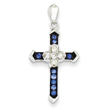 0.3 Carat 14K White Gold Diamond & Sapphire Cross Pendant