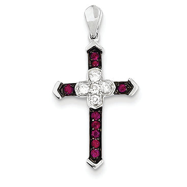0.3 Carat 14K White Gold Diamond & Ruby Cross Pendant