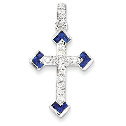 0.8 Carat 14K White Gold Diamond & Sapphire Cross Pendant