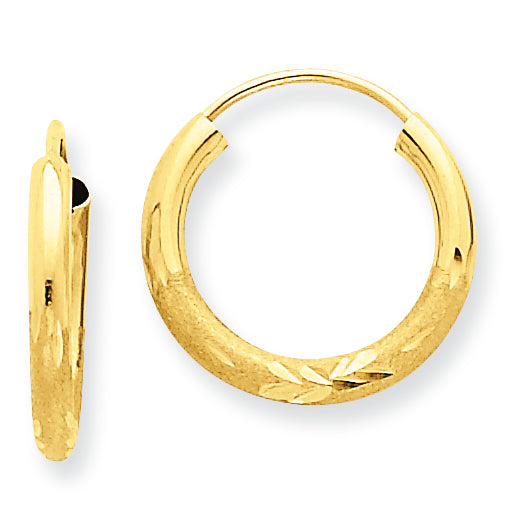 14K Gold 2mm Satin Diamond-cut Endless Hoop Earrings