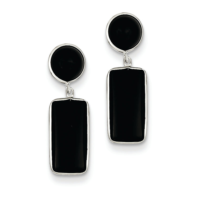 14K White Gold Onyx Rectangle Dangle Post Earrings