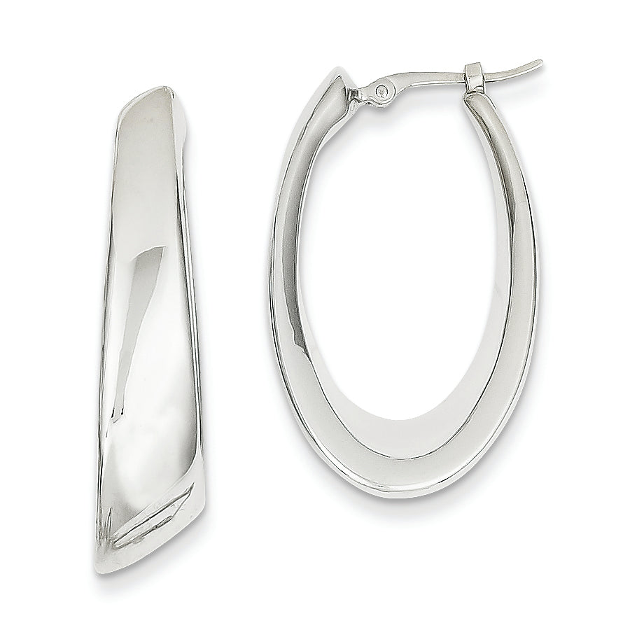 14K White Gold Tapered Slanted Oval Hoop Earrings