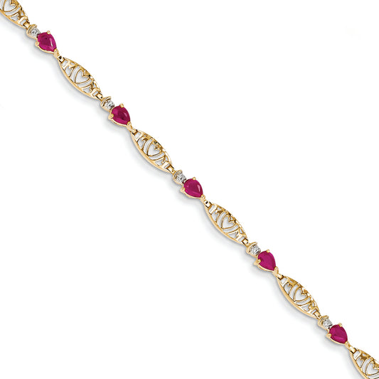 1.8 Carat 14K Gold Diamond and African Ruby Pearshape Bracelet
